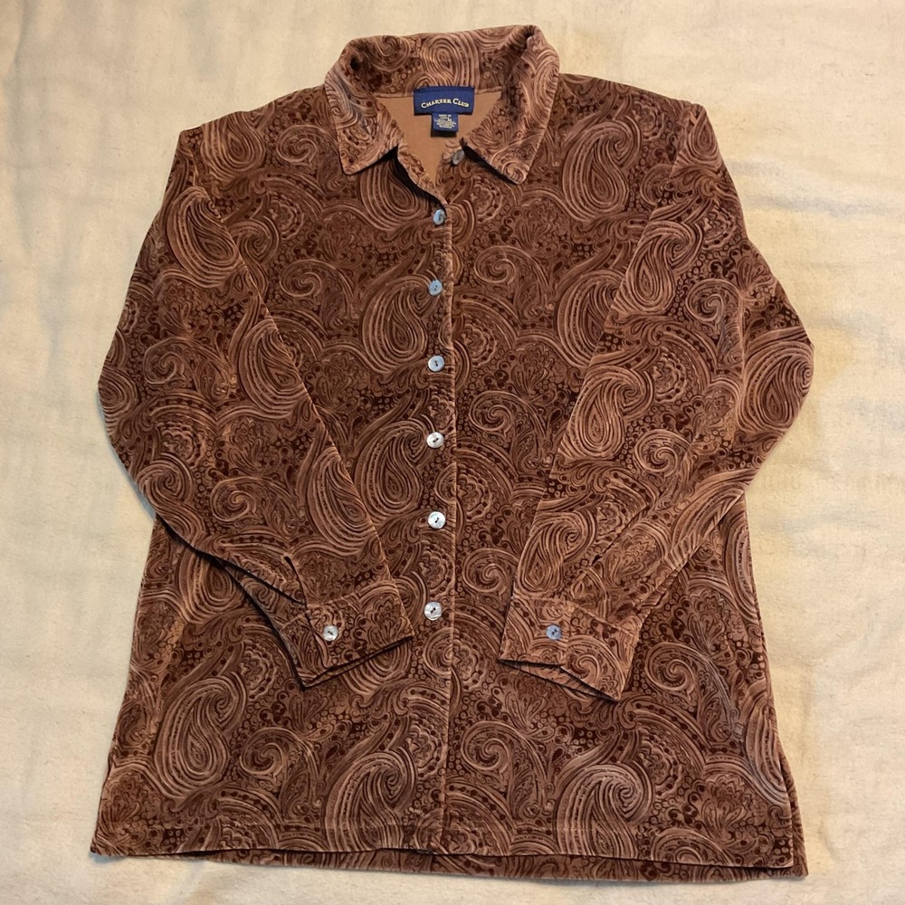 Charter Club Shirt Womens Medium‎ Brown Paisley Velour Button Front Long Sleeve